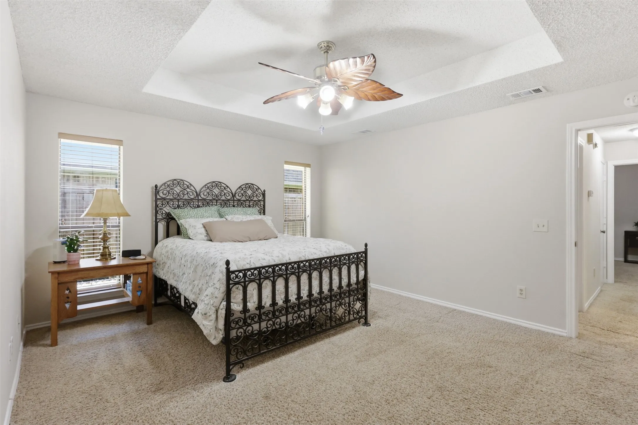 Spacious room featuring a tray ceiling, ceiling fan, and carpet flooring