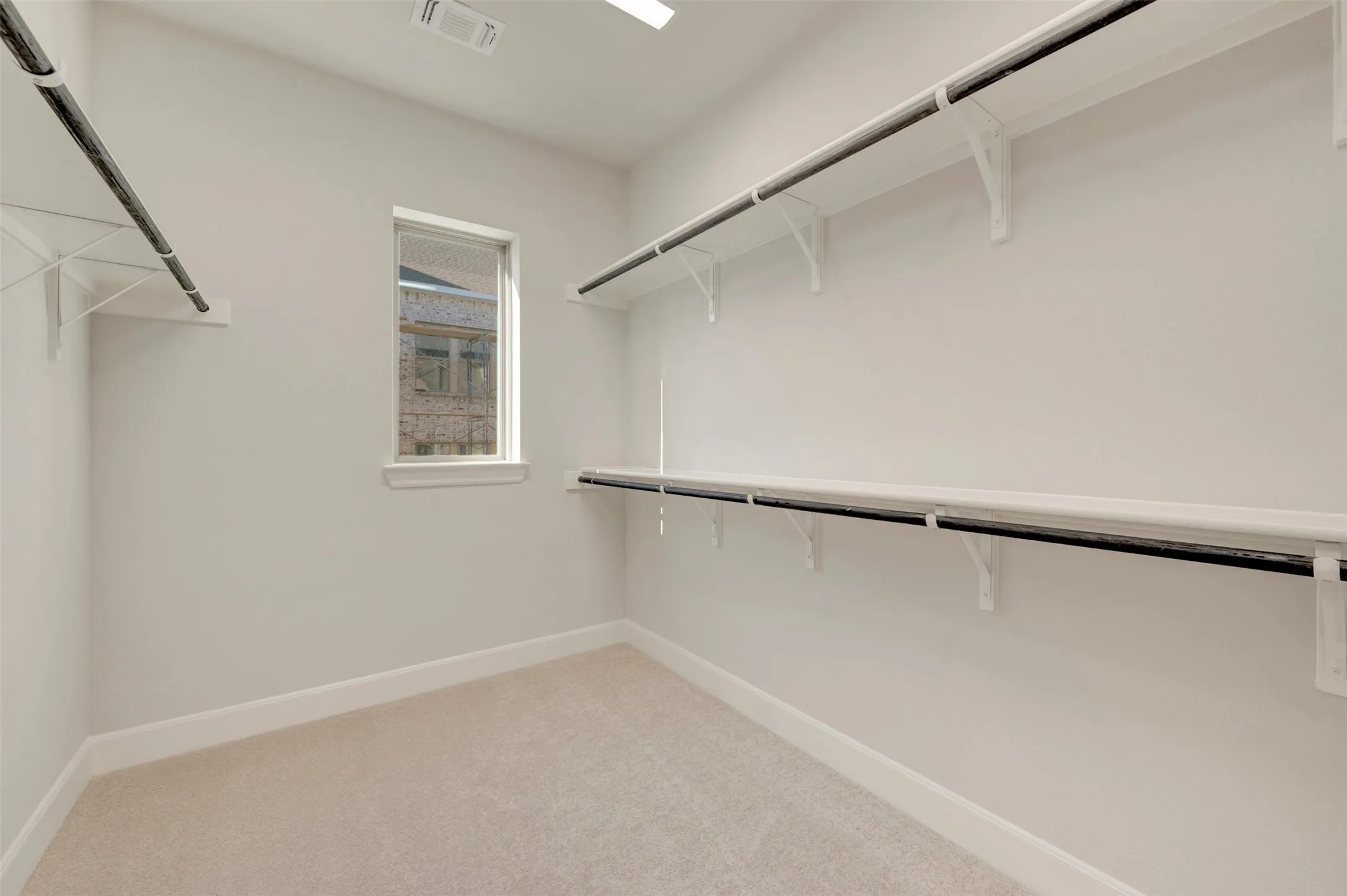 Built-in shelving, hanging rods, window, carpeted flooring, and neutral wall tones