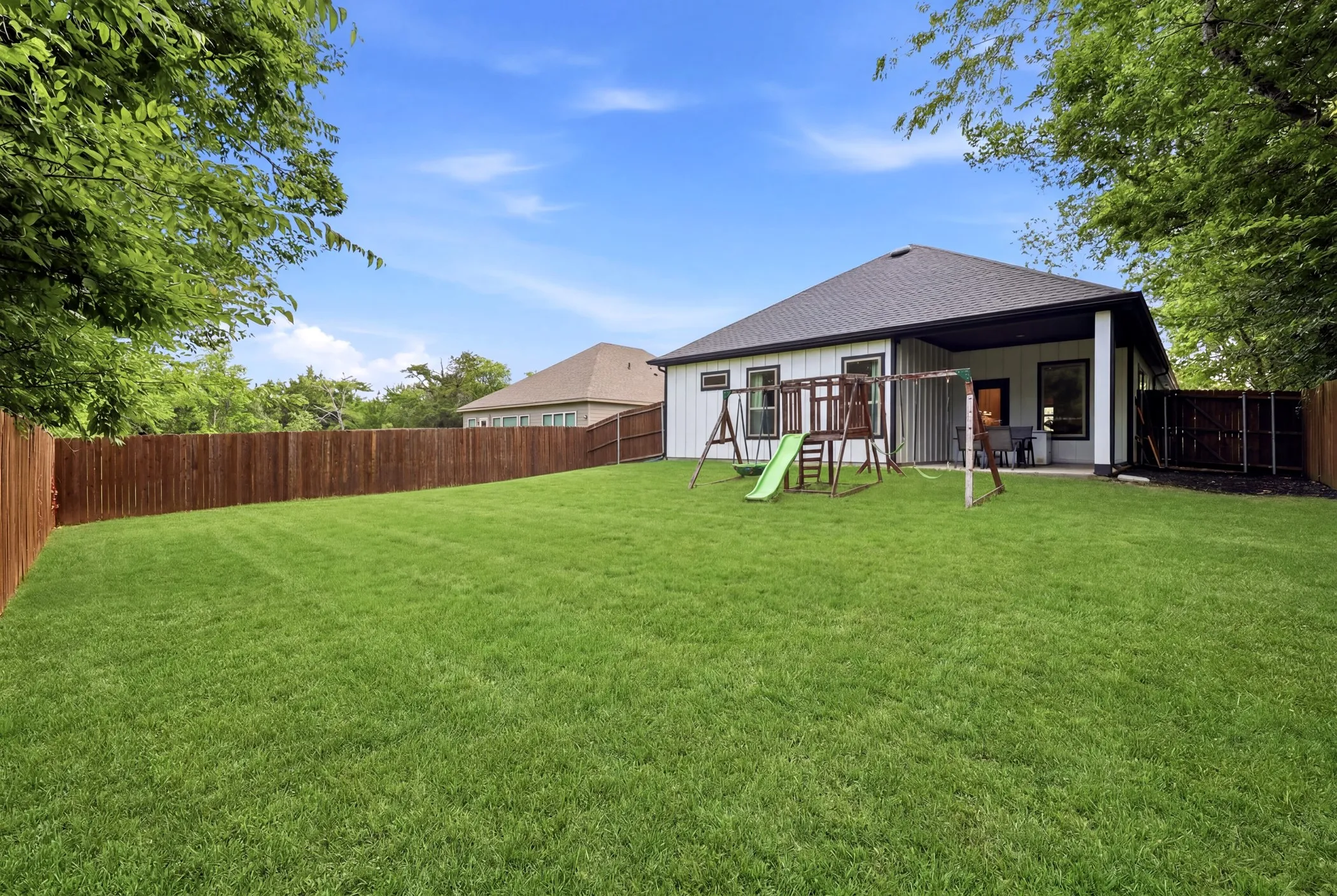 Spacious backyard featuring a large green lawn, full wood privacy fencing, and a covered back patio