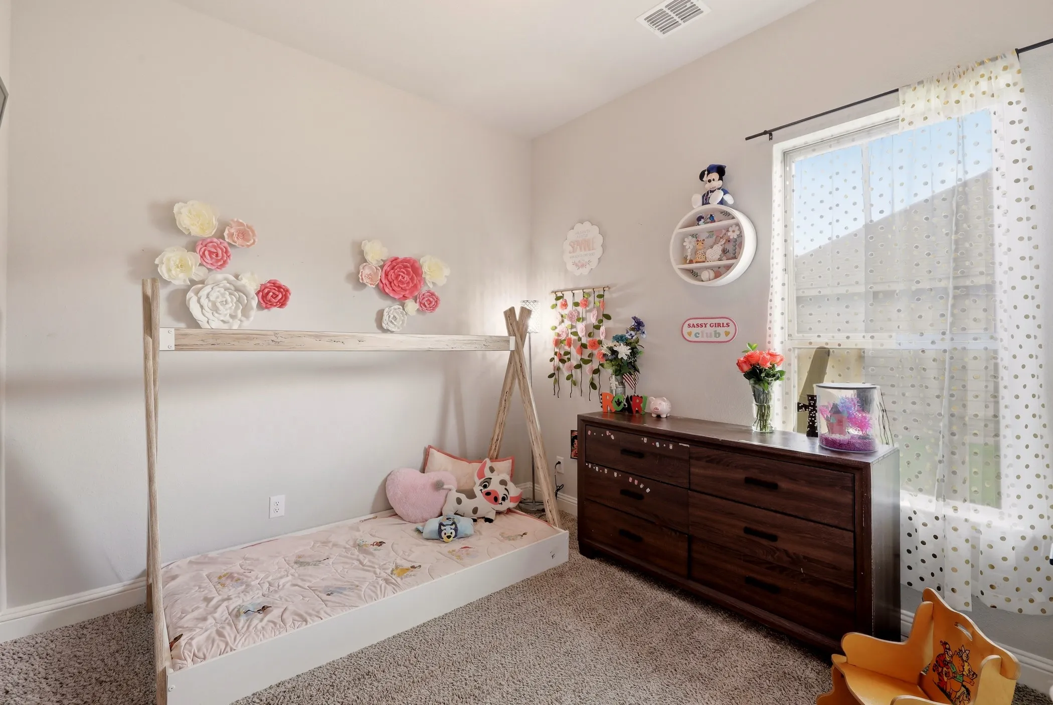Carpeted room with a large window