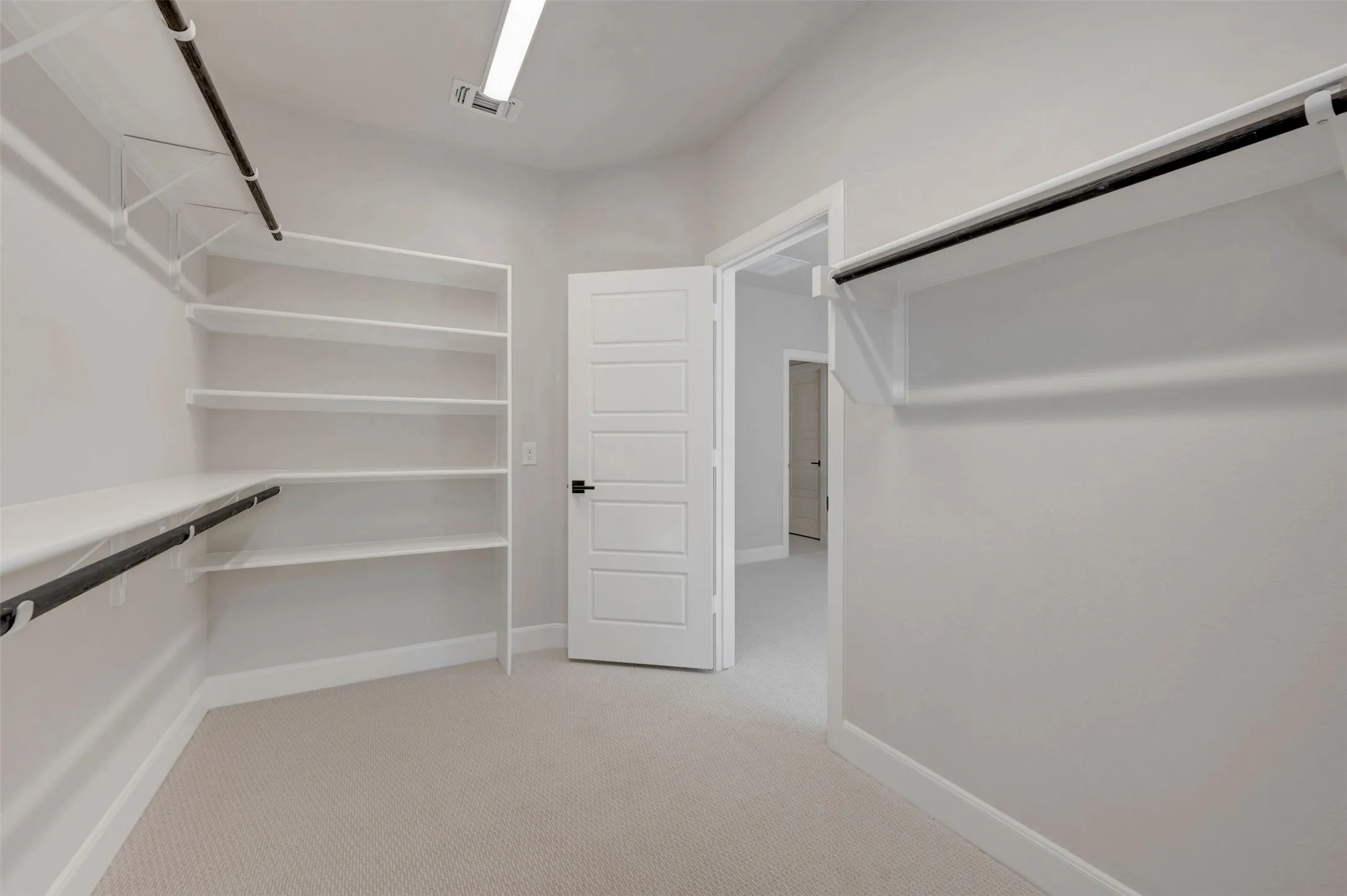 Integrated shelving system, multiple hanging rods, paneled interior door, and neutral-toned carpeting