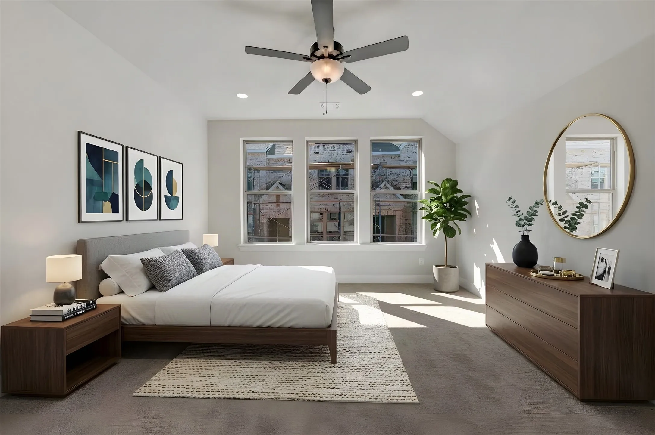Vaulted ceiling with a ceiling fan