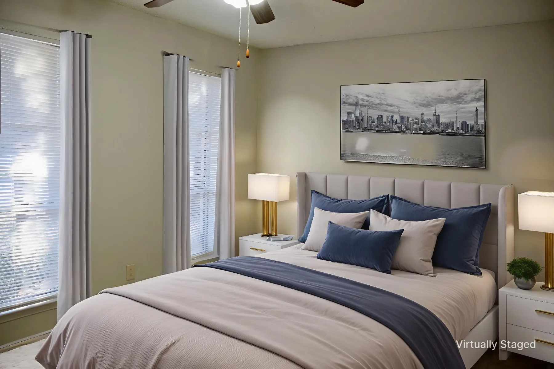 Bedroom featuring two windows with horizontal blinds and drapery, neutral wall paint, and a ceiling fan