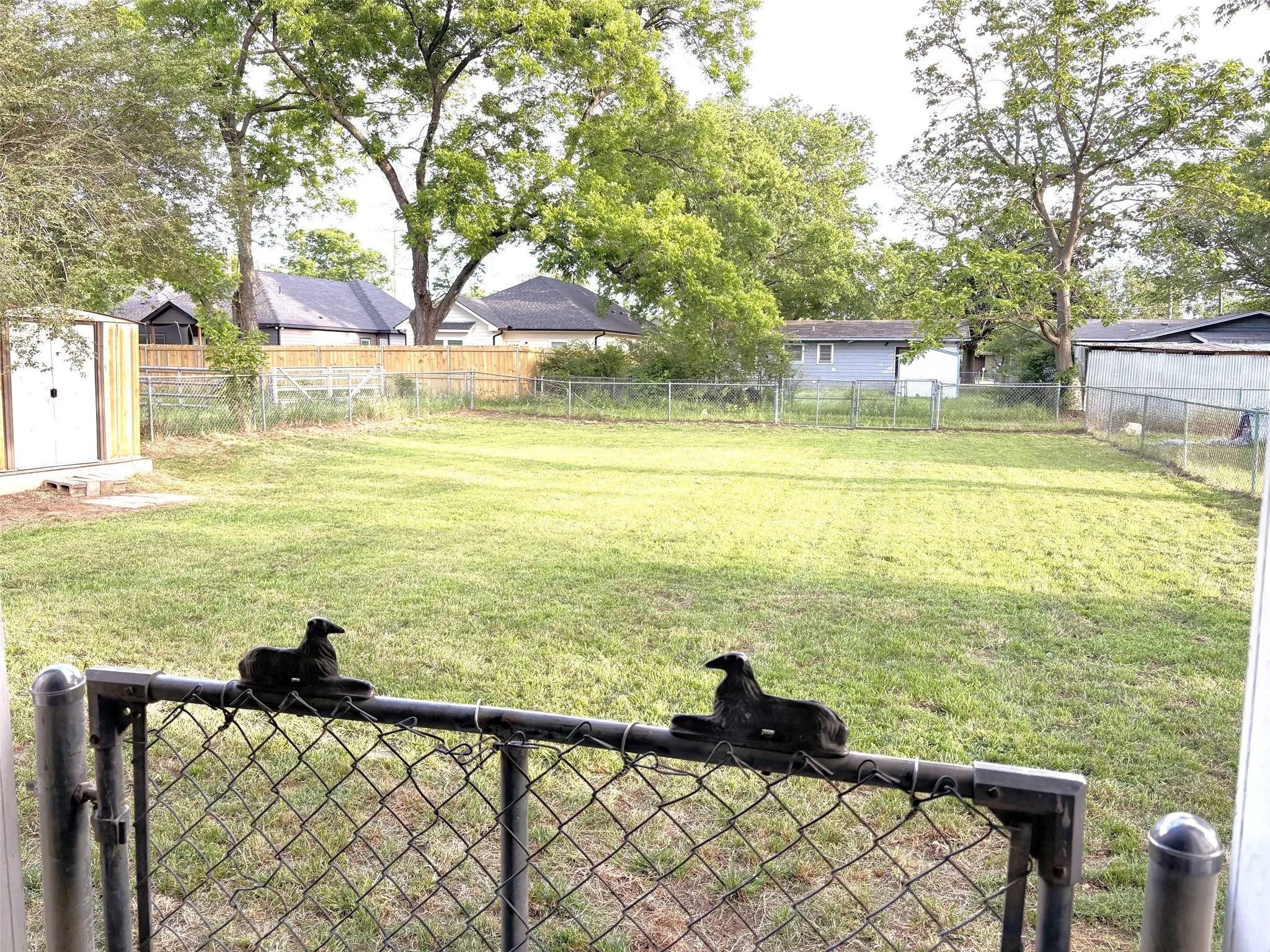 Spacious backyard featuring a chain-link fence and storage shed
