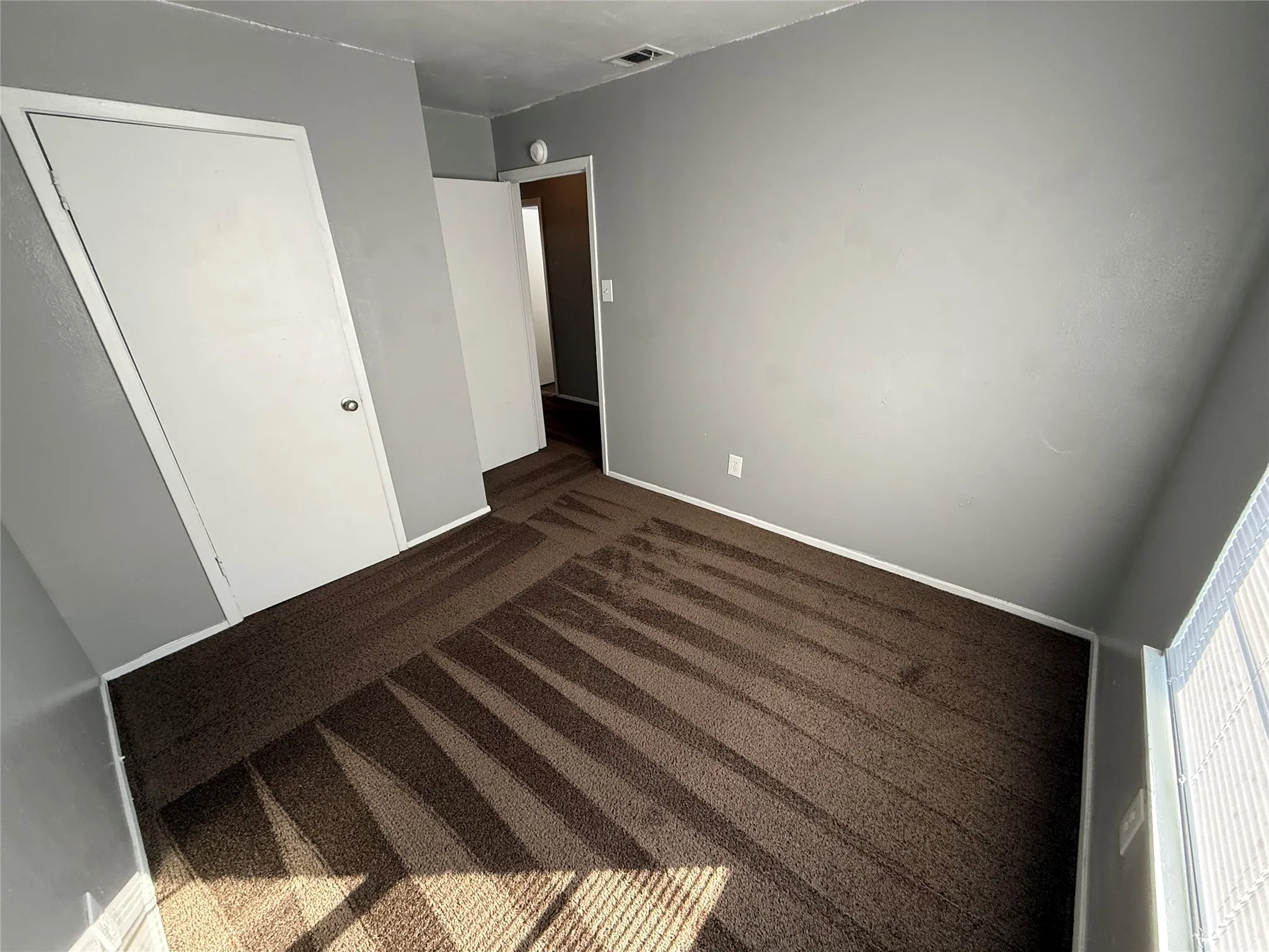 Neutral gray wall paint, brown carpet flooring, white trim, and white interior doors