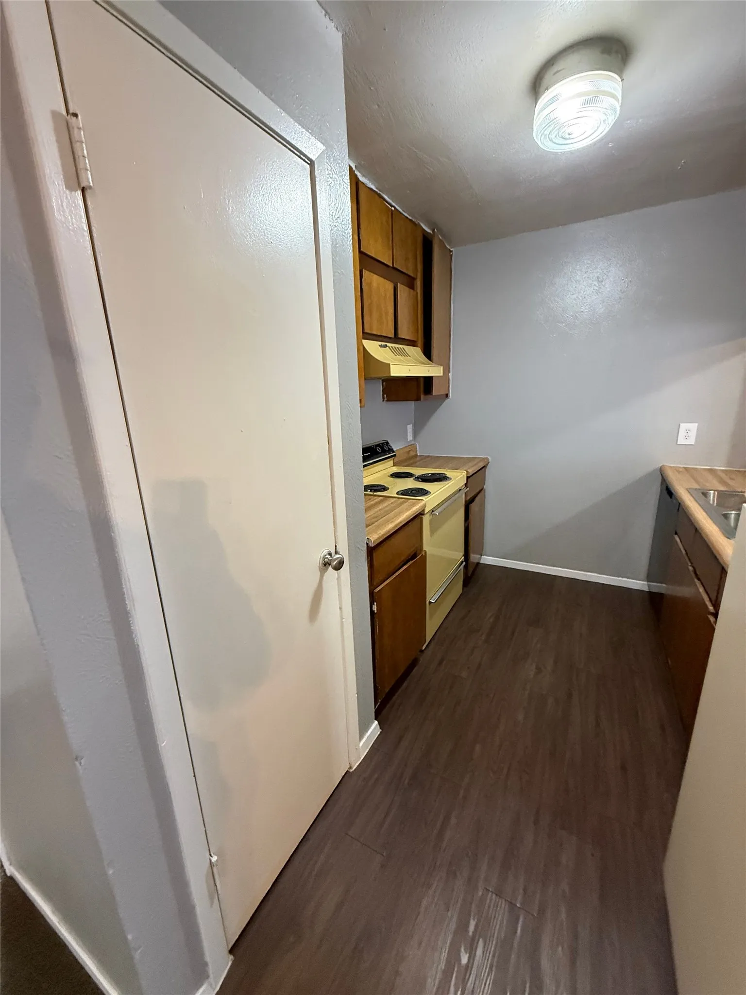 Compact kitchen featuring wood-finish flooring, wood cabinetry, and a range with a matching range hood