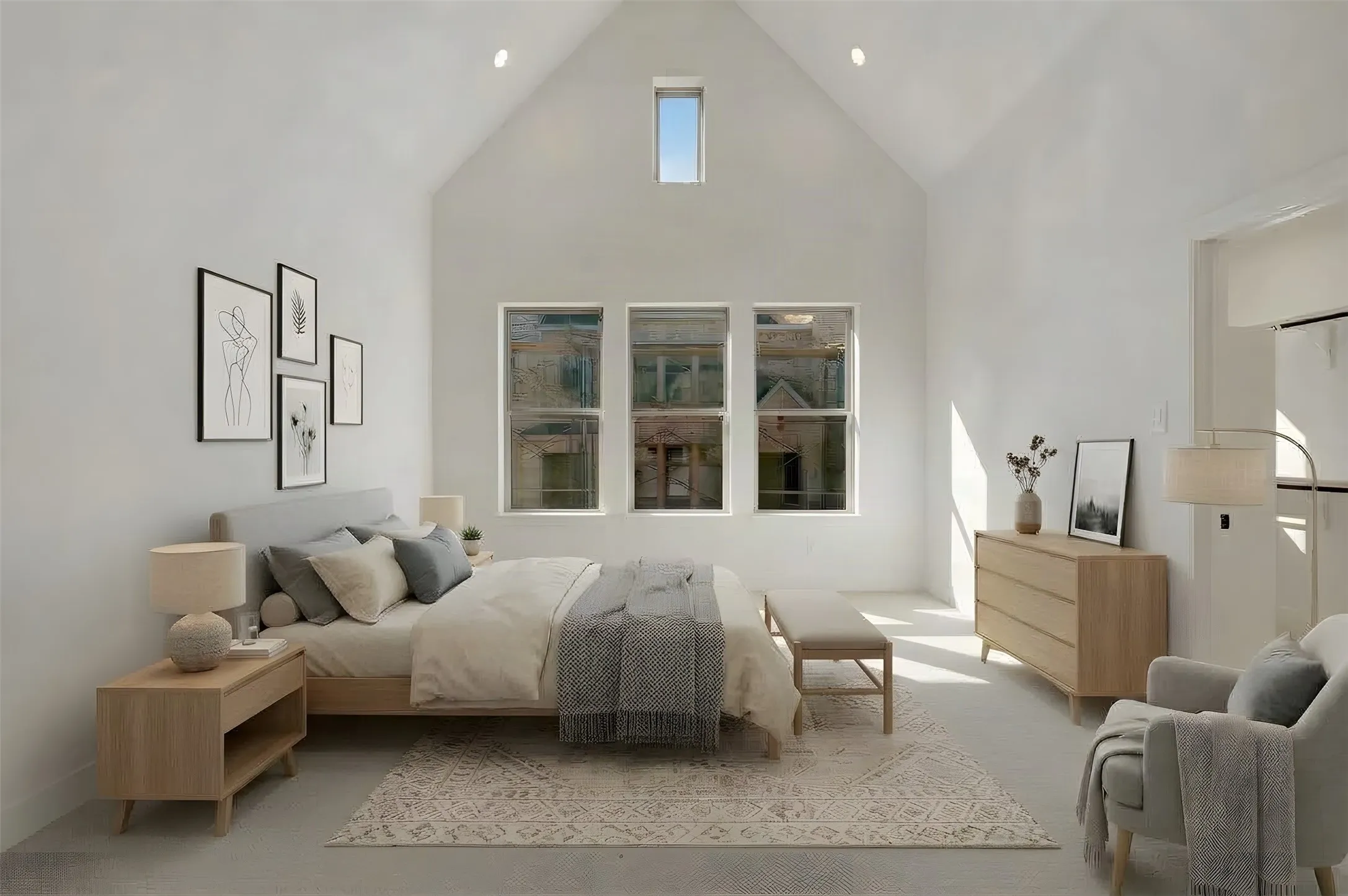 Vaulted ceiling with an upper window, three large windows, recessed lighting, and light-colored flooring