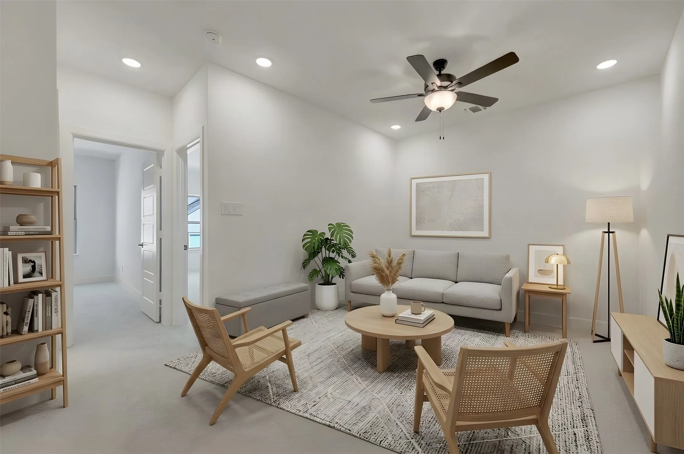 Recessed lighting, ceiling fan with integrated light, light-toned flooring, white walls, and white interior doors