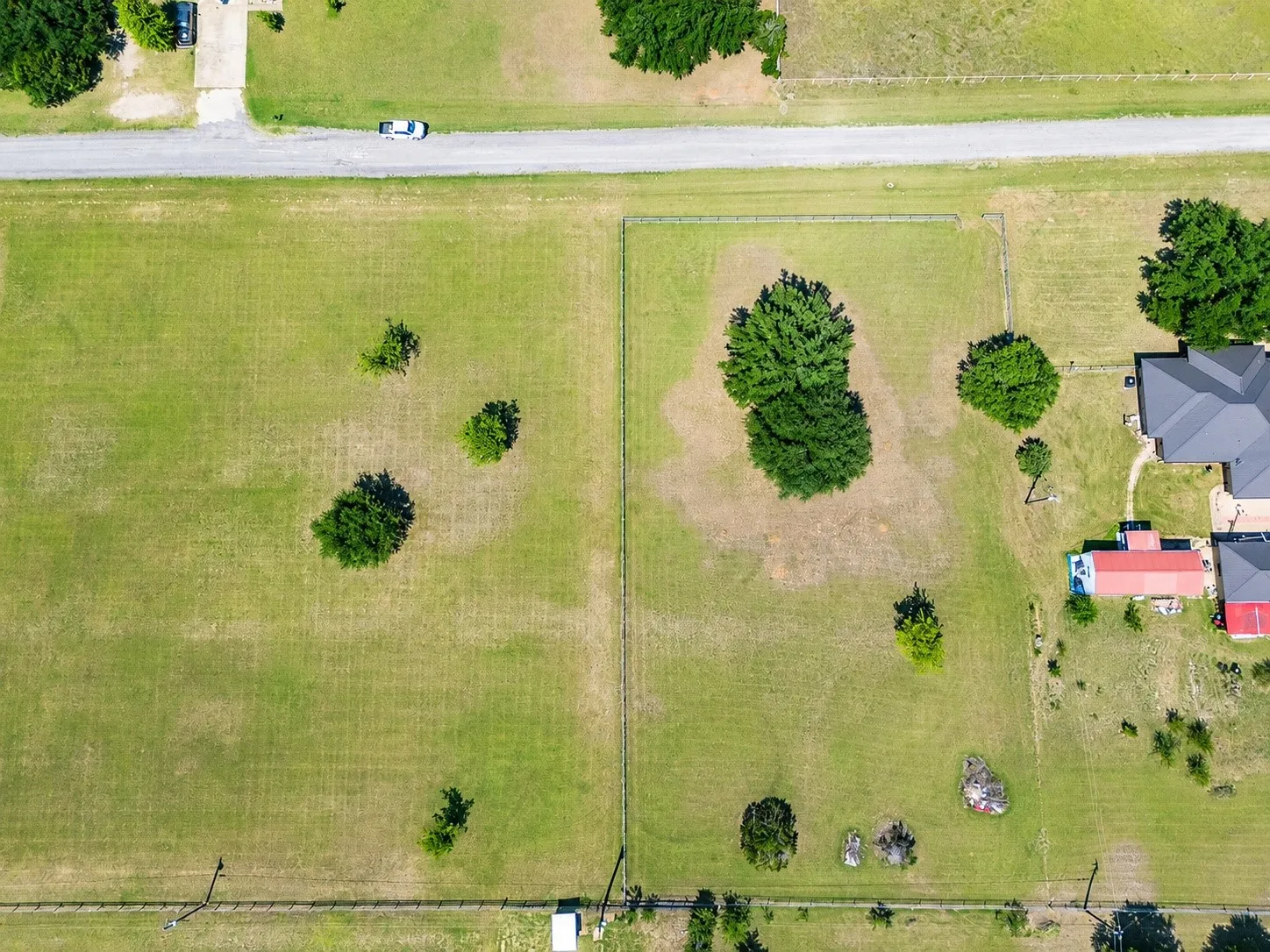 Expansive parcel featuring a large grassy area, scattered mature trees, and perimeter fencing
