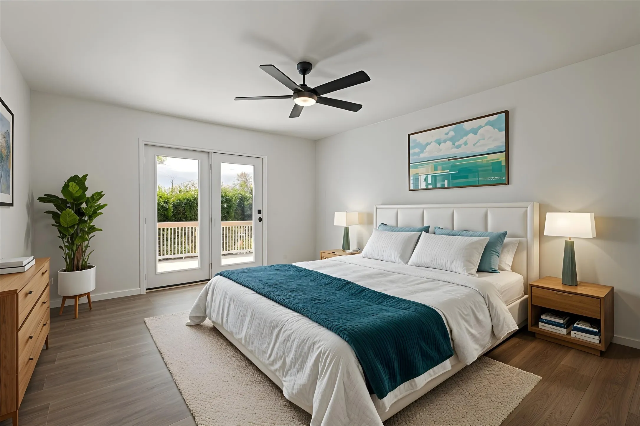 Recessed lighting, wood-finish flooring, white walls, and a ceiling fan
