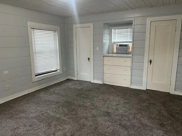 Spacious room featuring neutral carpet flooring, white shiplap walls, and multiple windows with horizontal blinds providing natural light