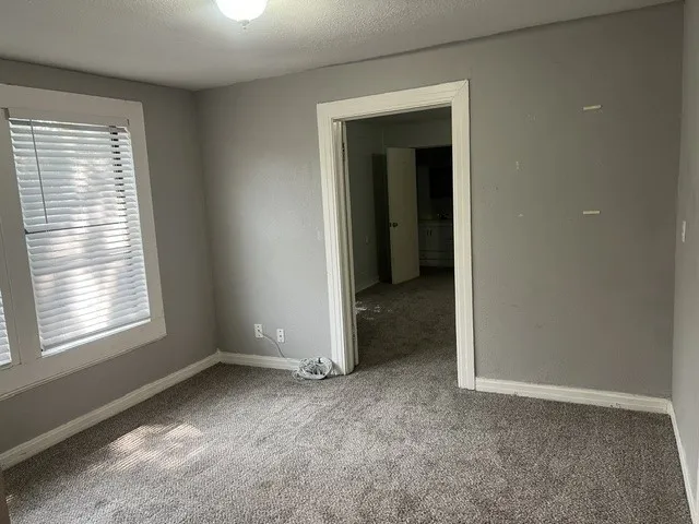 Spacious bedroom featuring neutral gray walls, carpet flooring, a large window with blinds providing natural light, and a doorway leading to additional living space