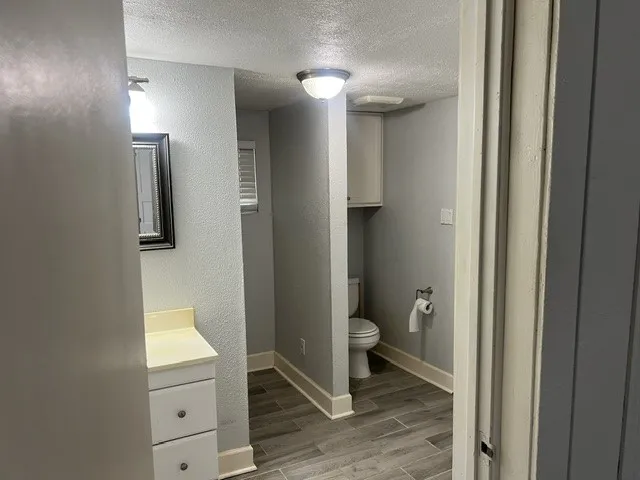 Bathroom featuring a single vanity with a cream-toned countertop, wood-finish flooring, a wall-mounted mirror, and an adjacent water closet