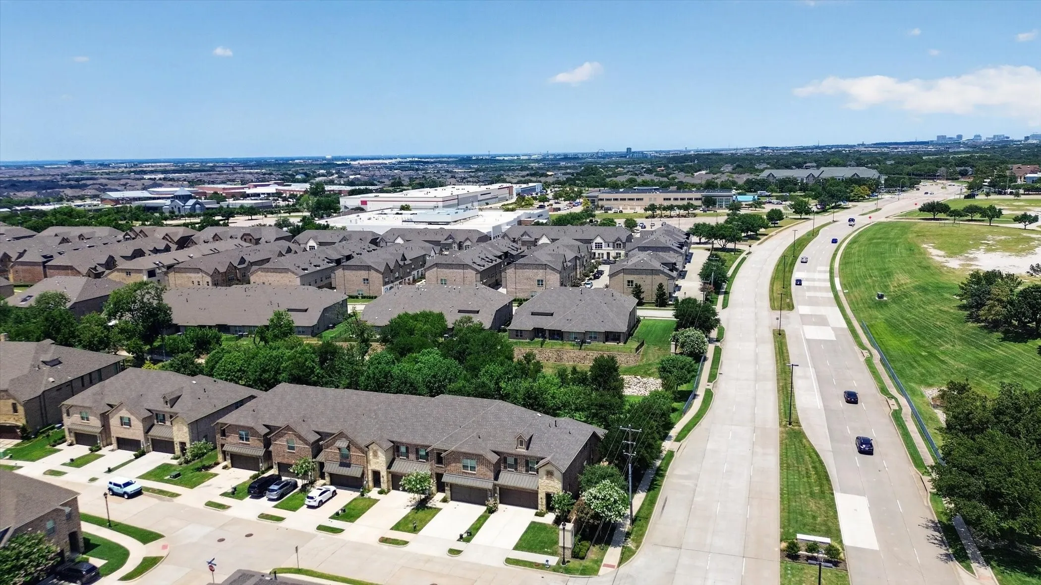 Aerial depiction of a residential neighborhood with a mix of two-story and single-story properties