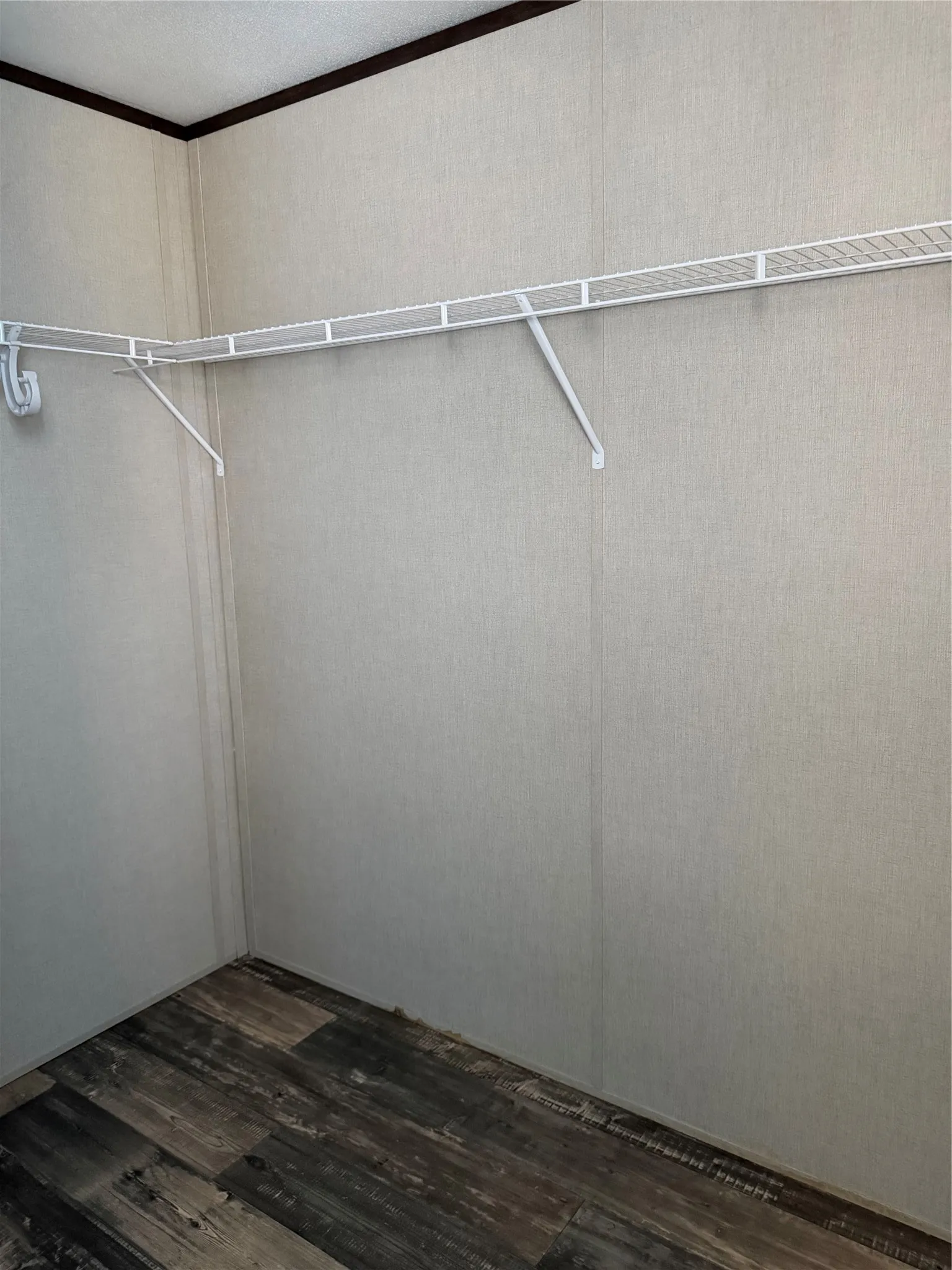 Closet space featuring wire shelving, a hanging rod, textured wall panels, and wood-finish flooring