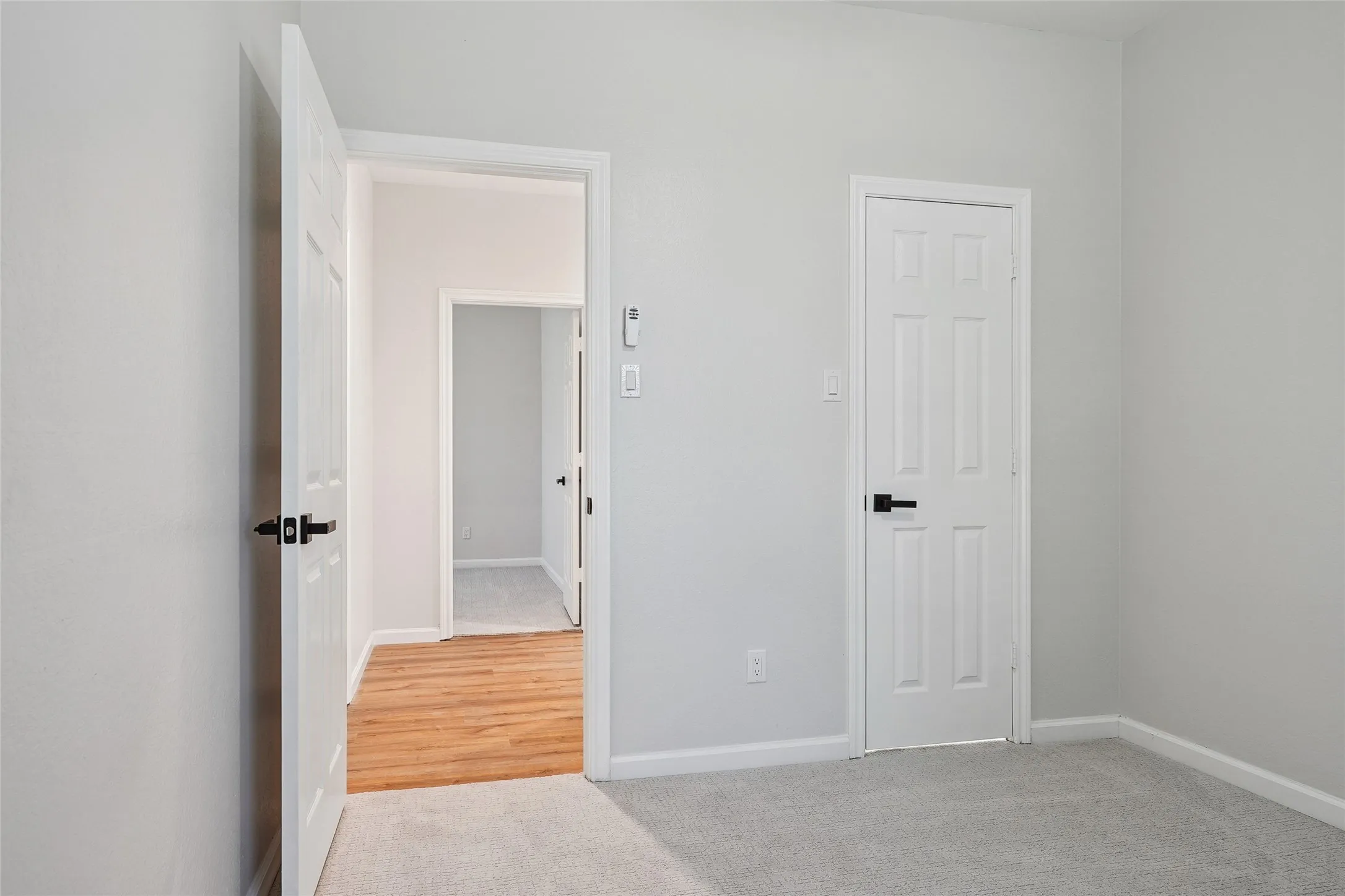 Light gray wall paint, paneled interior doors, matte black door hardware, light gray carpet, and wood-finish flooring