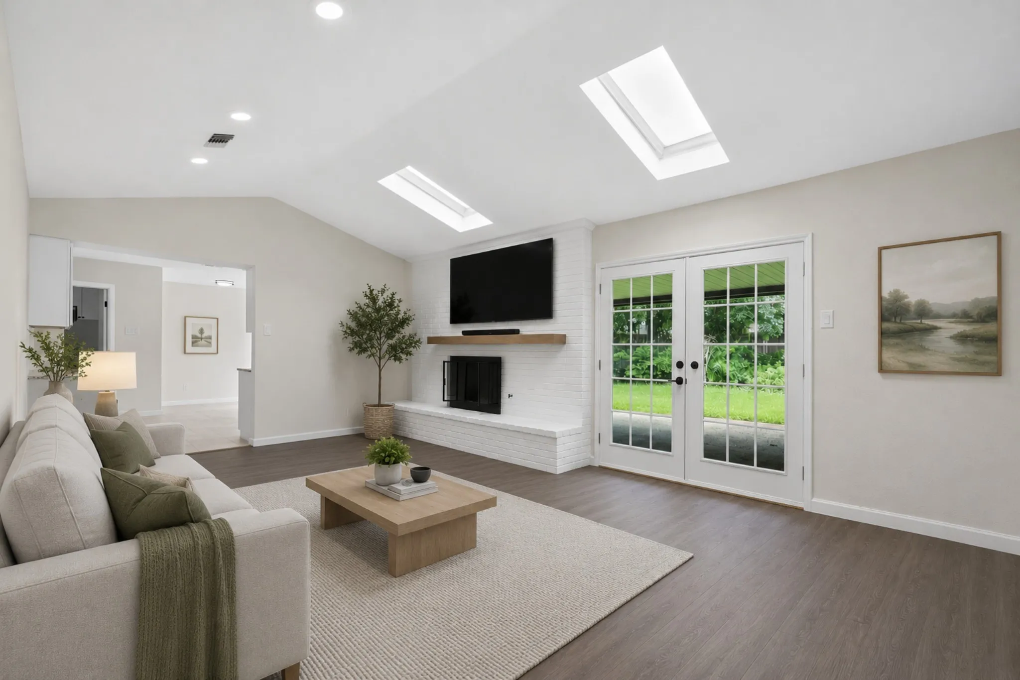 Spacious living area featuring a vaulted ceiling with two skylights, recessed lighting, and wood-finish flooring