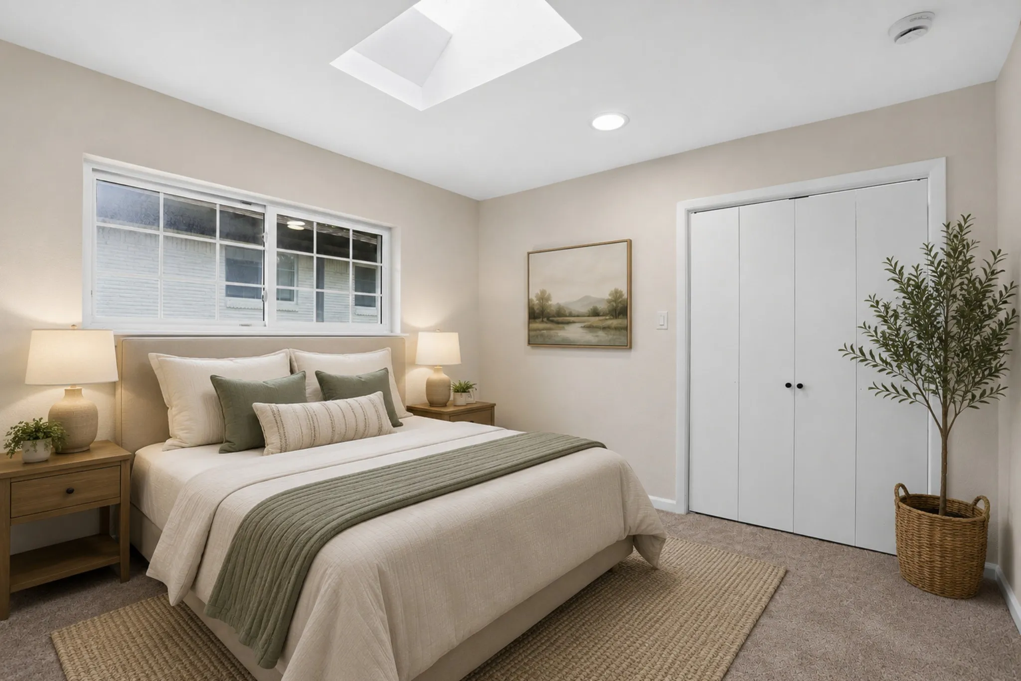 Carpeted bedroom featuring a skylight, recessed lighting, and a window with white blinds