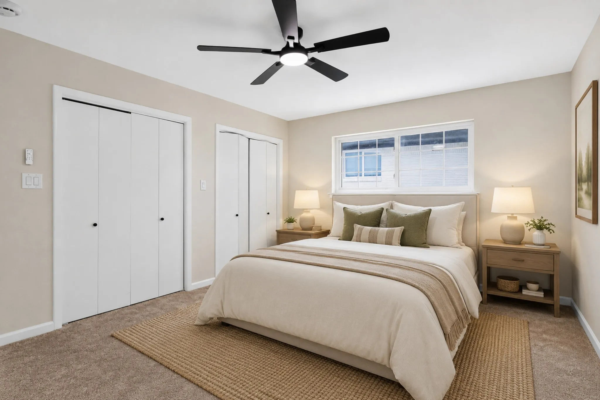 Bedroom featuring plush carpeting, dual bi-fold closet doors, a multi-pane window, and a ceiling fan with integrated lighting
