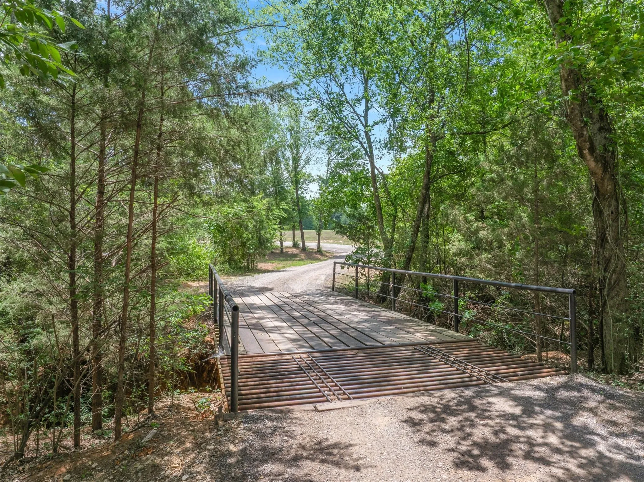 Gravel drive with a metal cattle guard and bridge, bordered by mature trees and natural landscaping