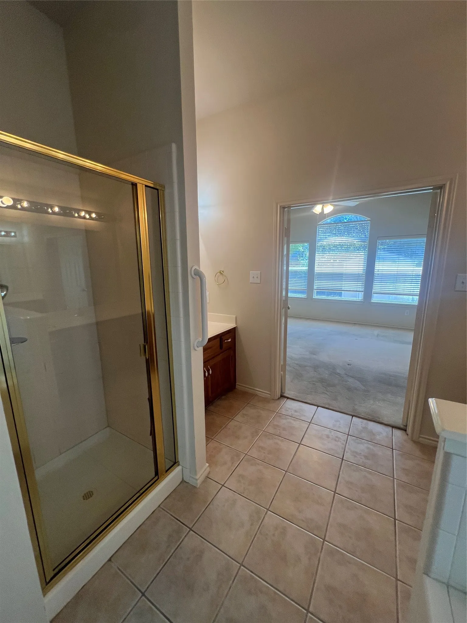 Tiled flooring leading to a glass-enclosed shower with gold-tone framing