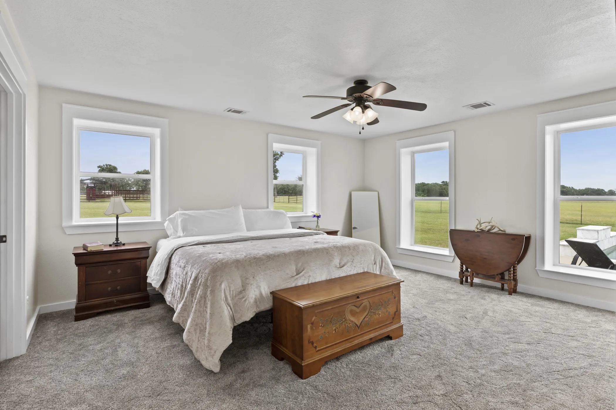 Brightly lit room featuring multiple windows with broad trim, light-toned walls, and grey carpet flooring
