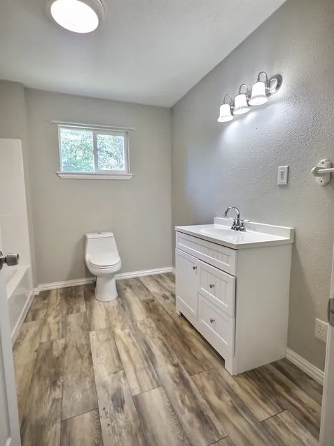 Bathroom featuring wood-finish flooring, a white vanity with integrated sink, chrome faucet, and a three-light vanity fixture