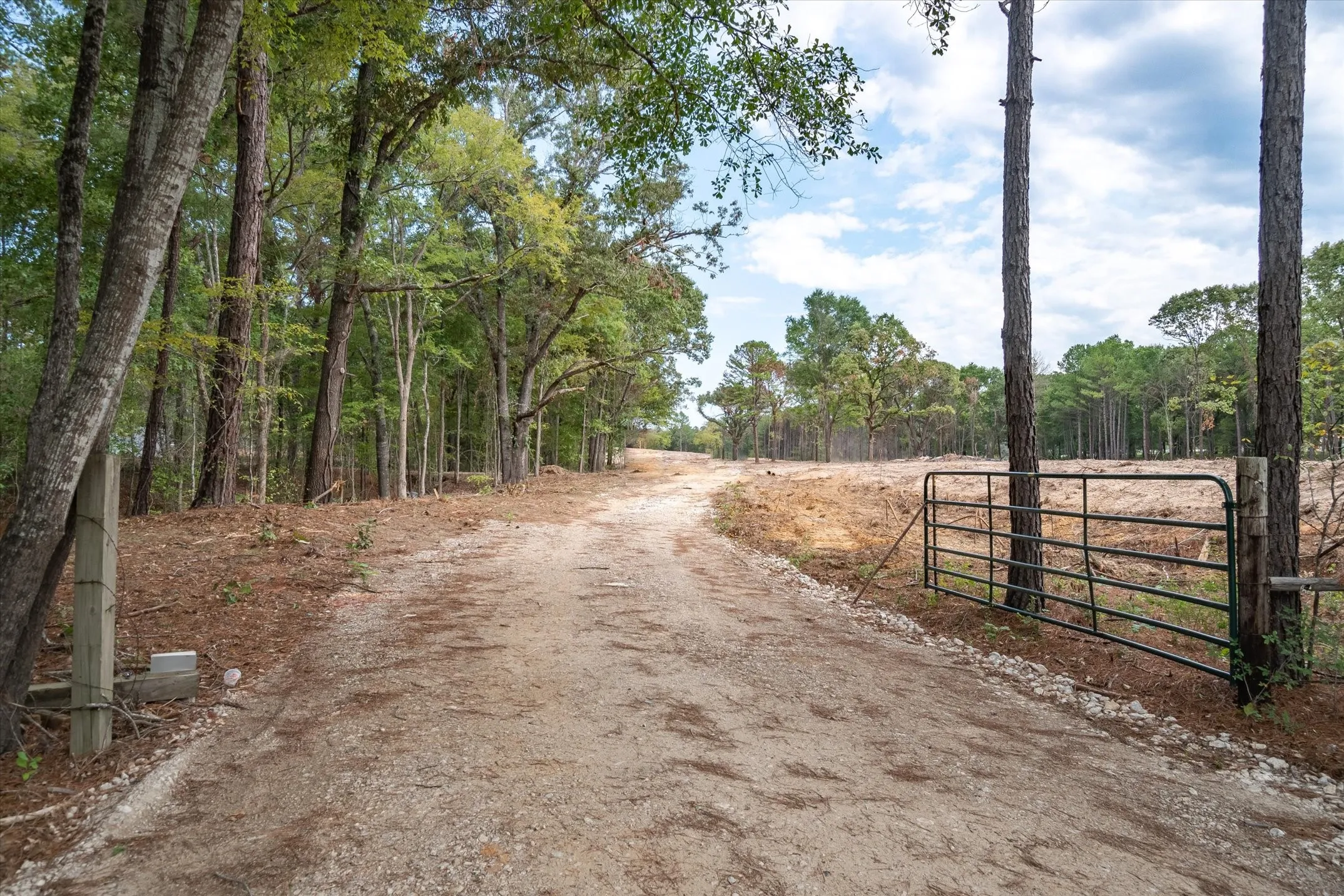 Gated entrance to a cleared parcel with surrounding mature trees and natural landscaping