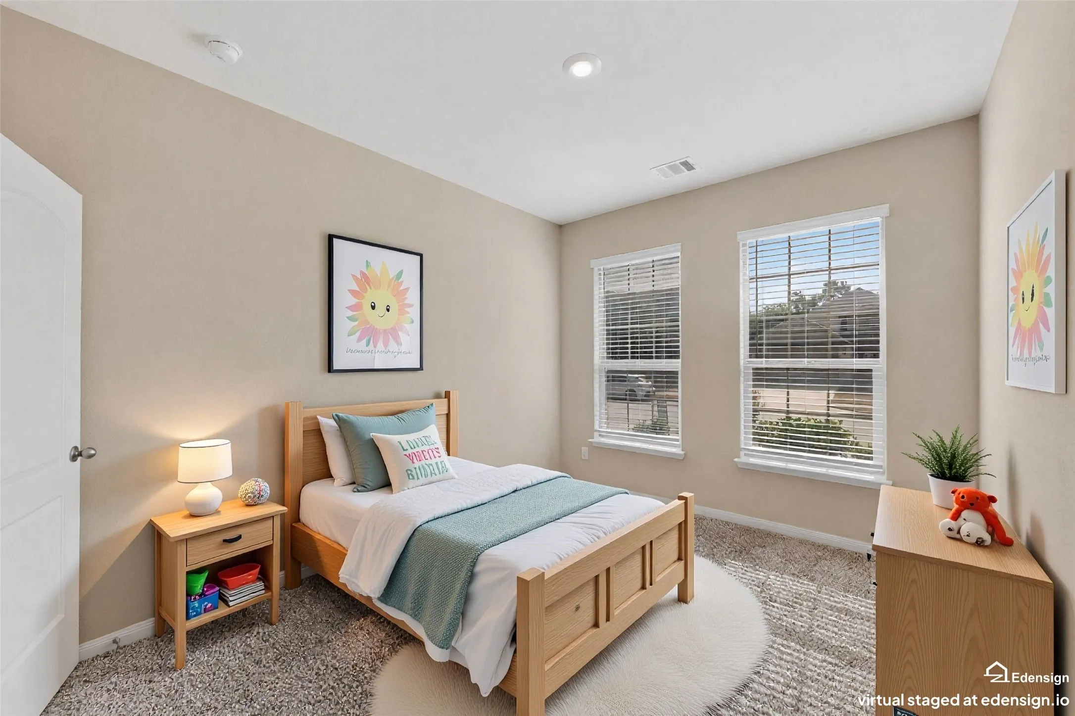 Neutral-toned room featuring a light wood-finish bed frame, nightstand, and dresser