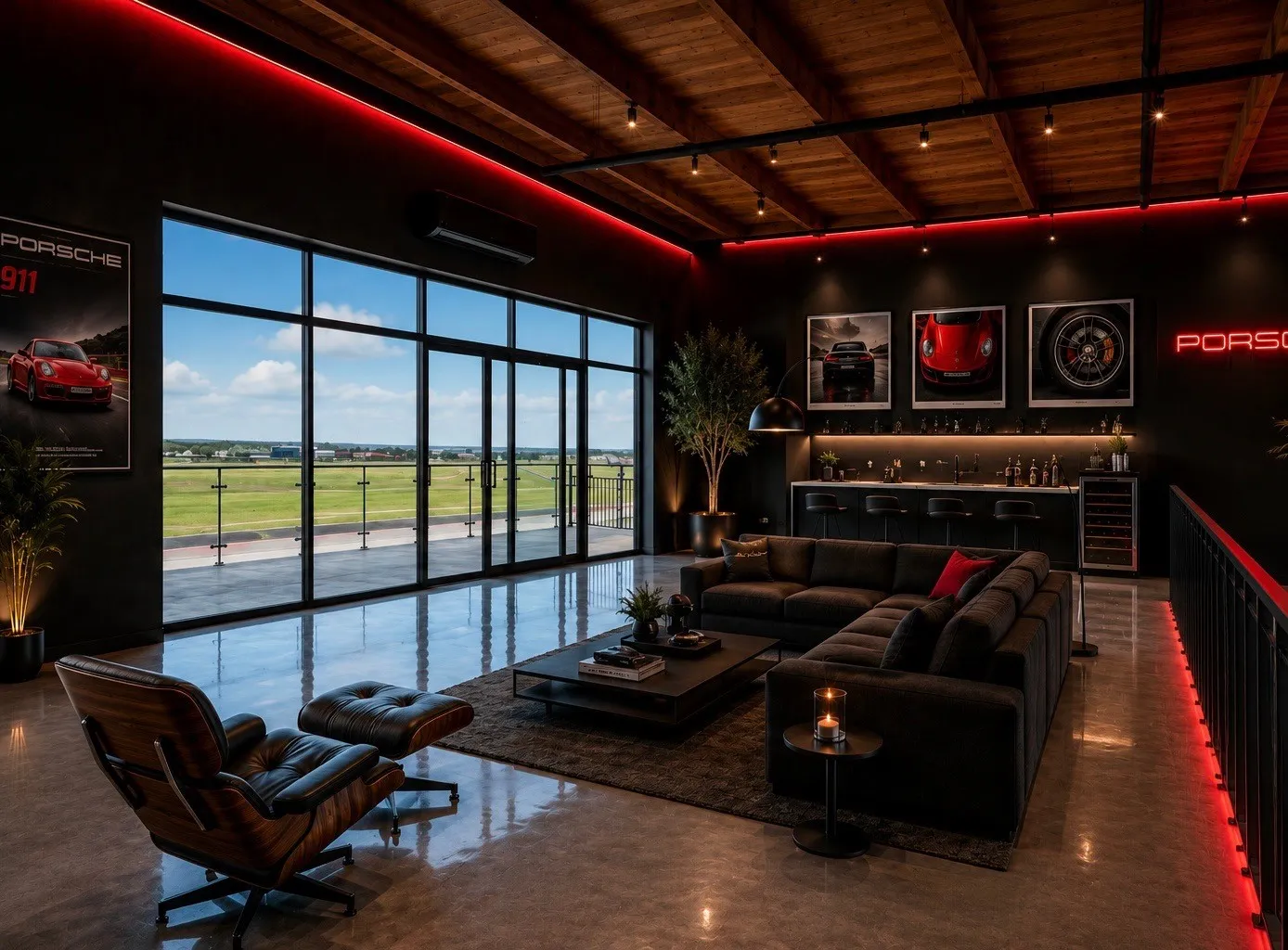 Expansive floor-to-ceiling windows with sliding door access to a balcony, offering broad landscape views