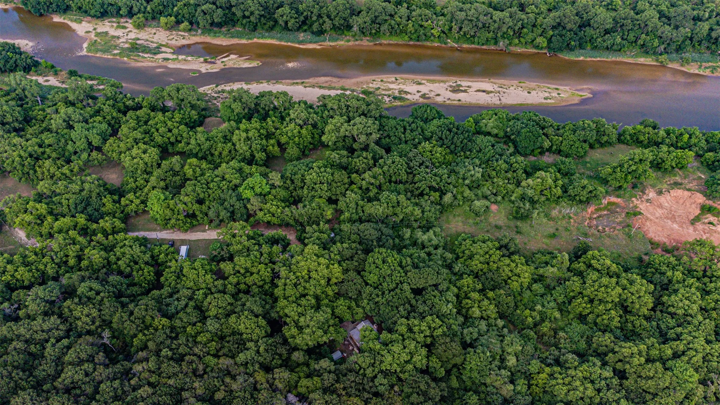Lush, dense tree canopy with a winding river and sandbars