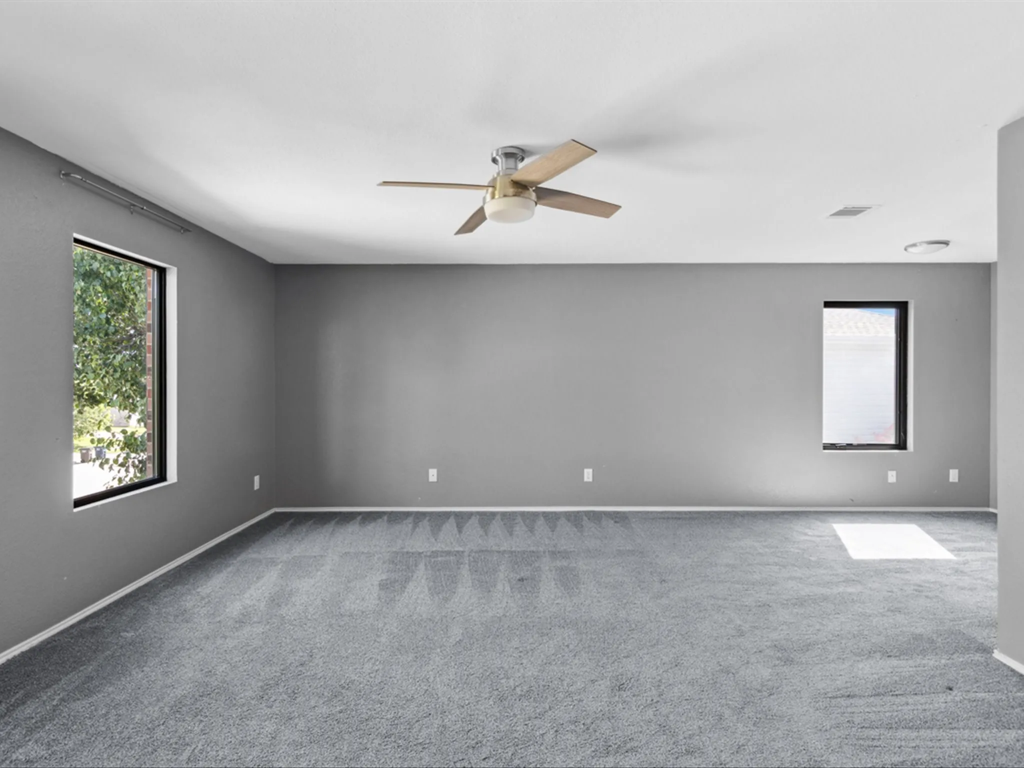 Spare room with ceiling fan, carpet flooring, and healthy amount of natural light