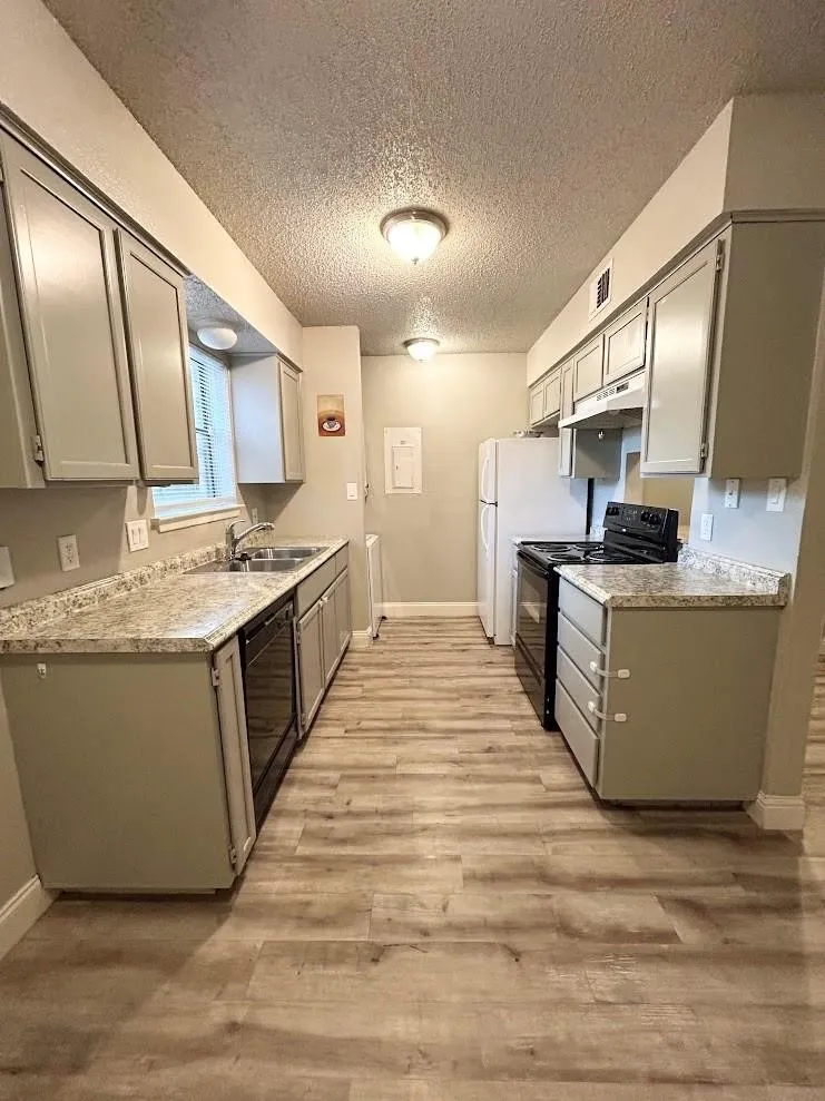 Galley kitchen featuring light wood-finish flooring, light gray cabinetry, and speckled countertops