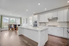 Open-concept kitchen and dining area featuring a central island, white cabinetry, integrated stainless steel appliances, recessed lighting, and wood-finish flooring