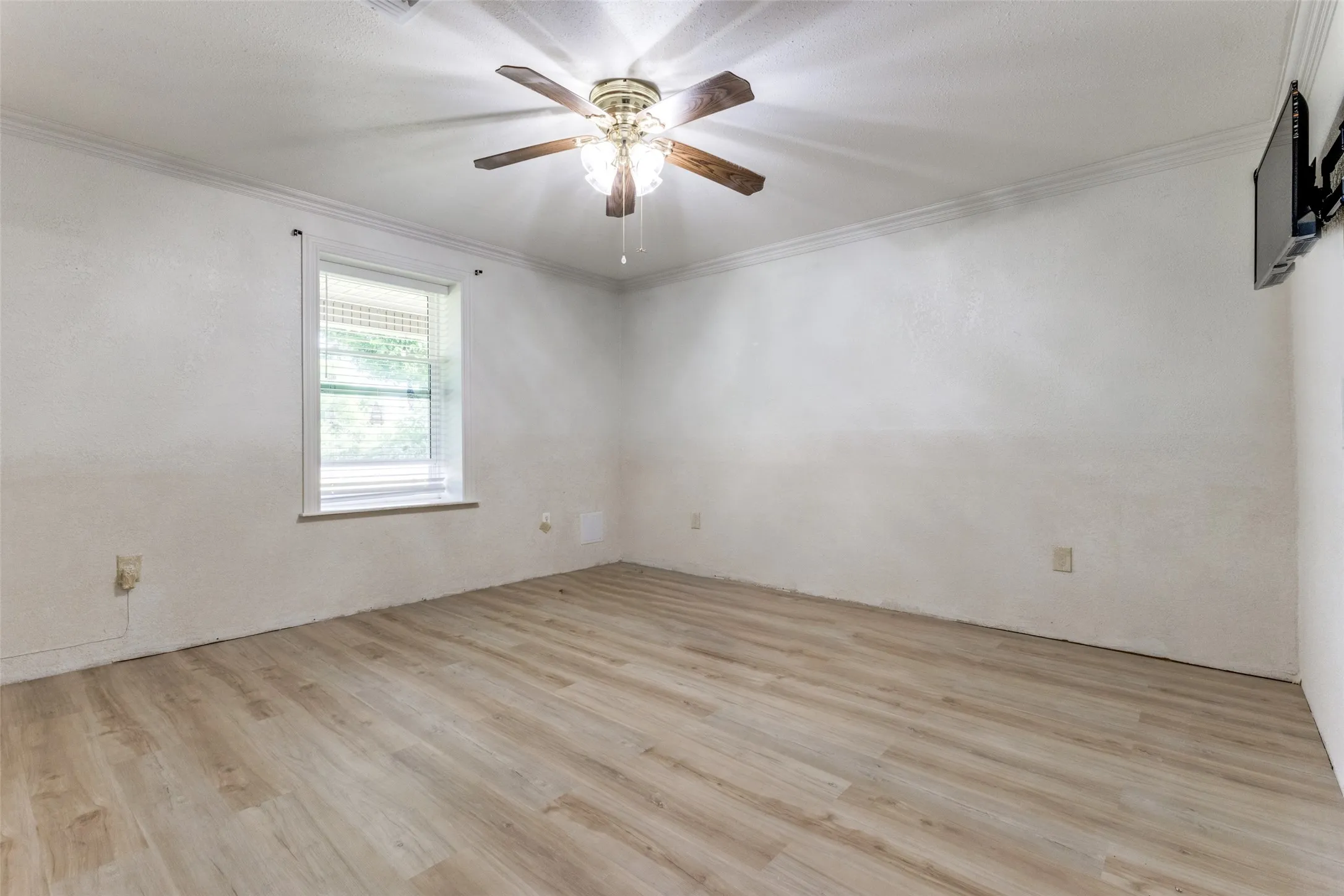Empty room with light wood-style floors, crown molding, and a ceiling fan