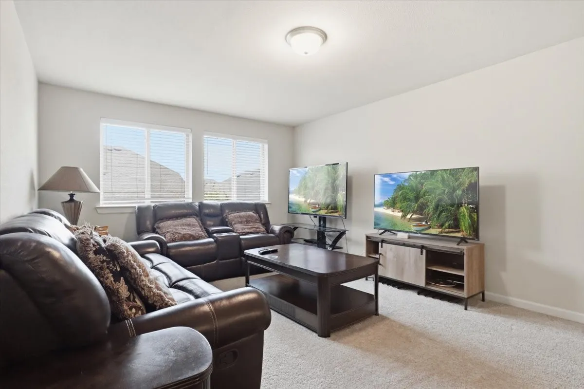 Plush carpeting, neutral wall color, and multiple windows with blinds
