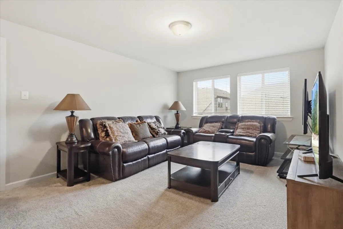 Neutral wall color, carpet flooring, and dual windows with blinds