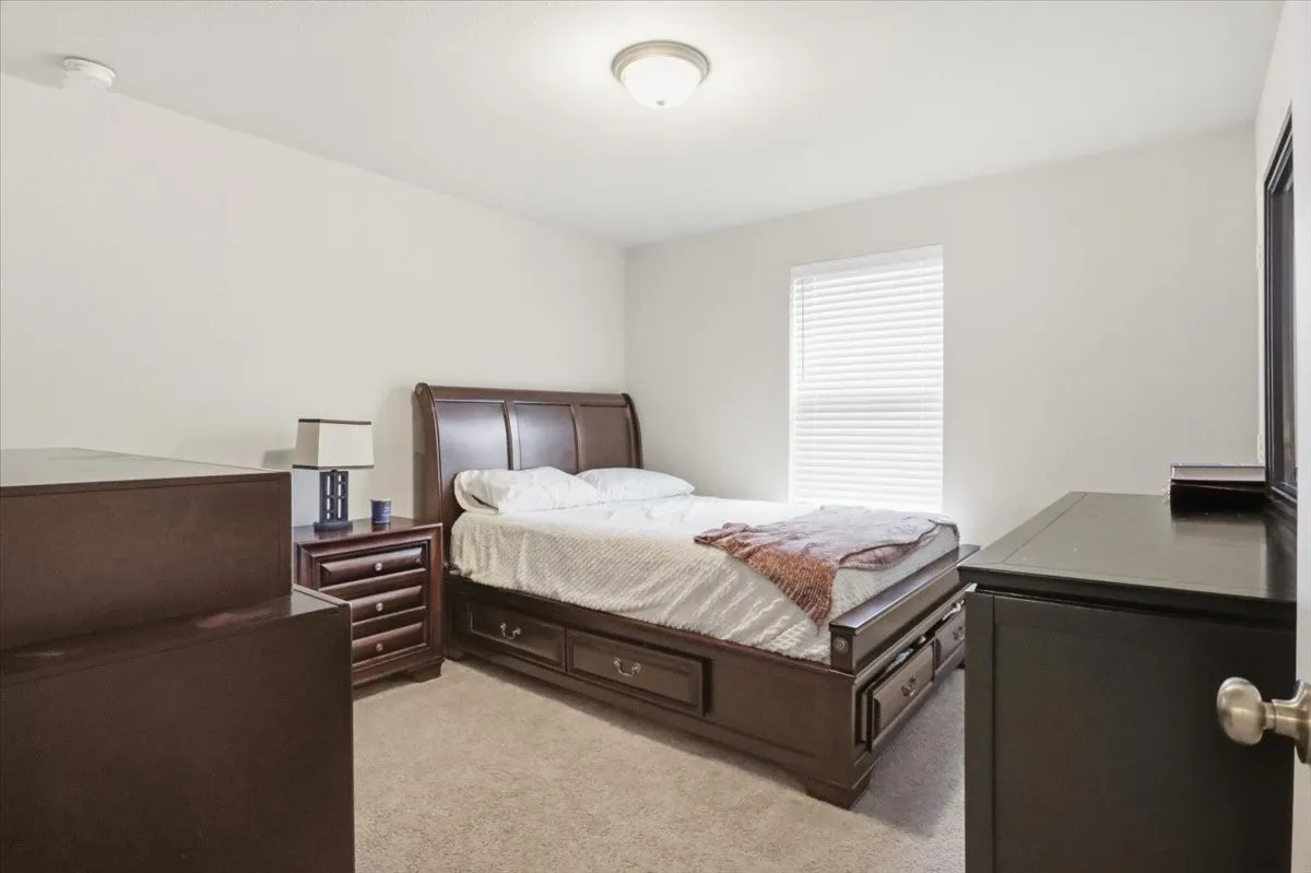 Window with blinds, wall-to-wall carpeting, and flush mount lighting