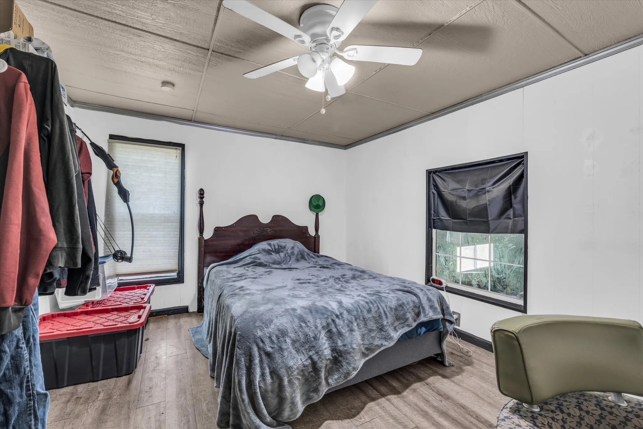 Spacious bedroom with ceiling fan and integrated lighting, wood-finish flooring throughout, and dual windows providing natural light