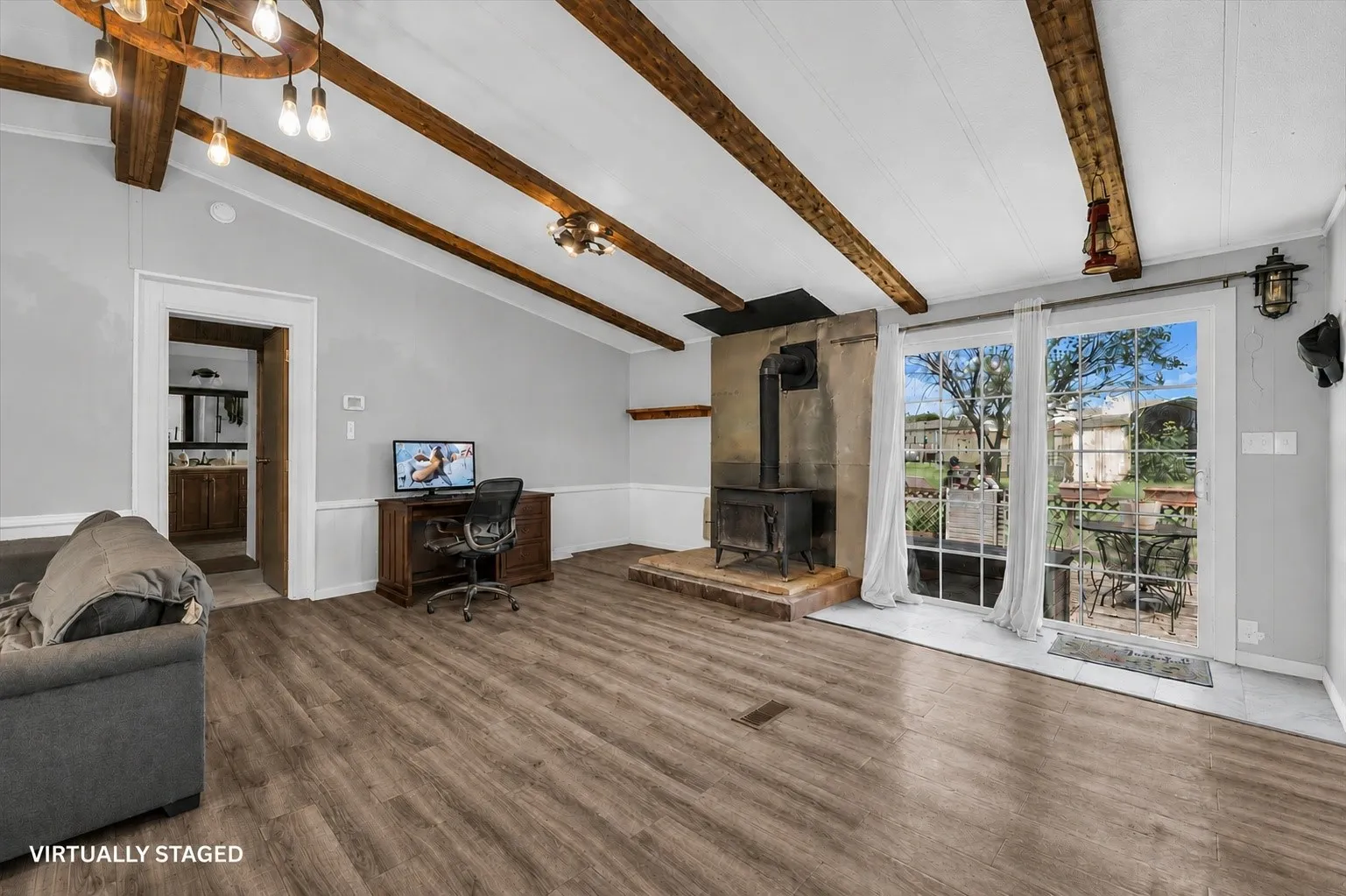 Vaulted ceiling with exposed wood beams