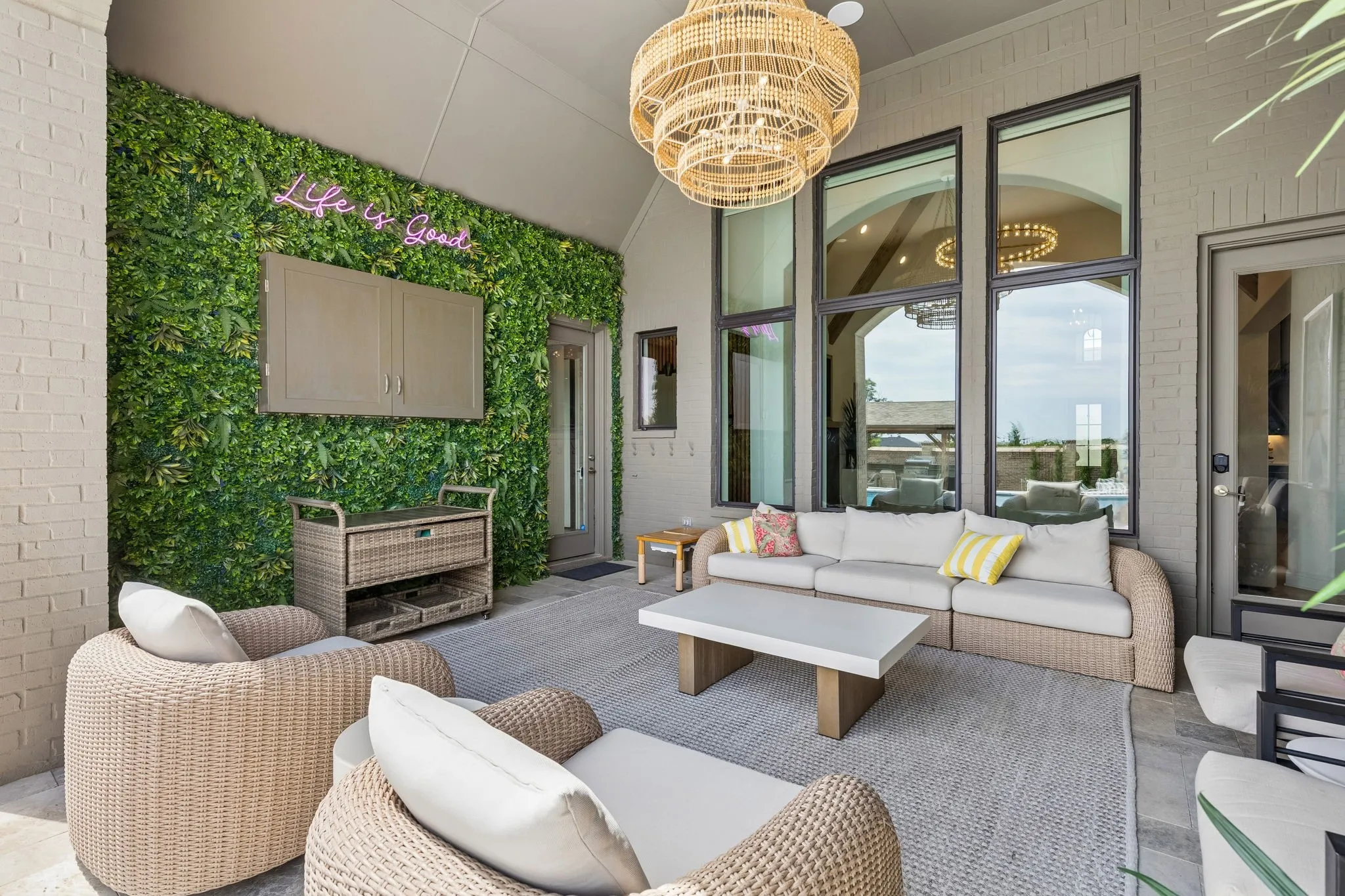 bungalow style patio with surround system and custom lighting