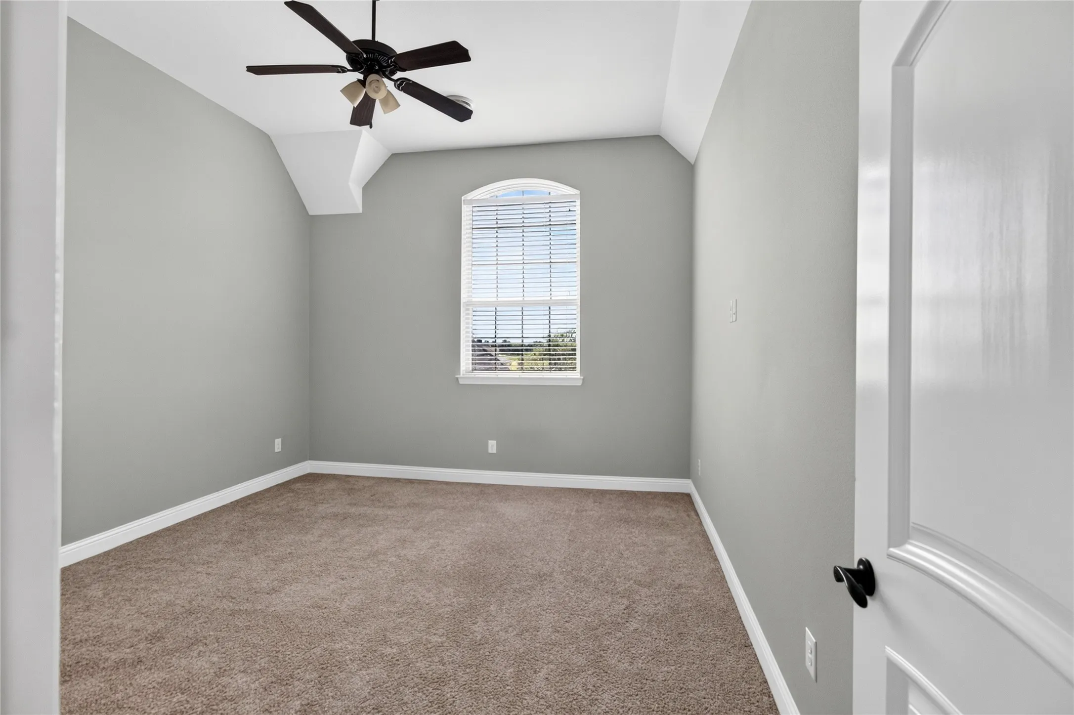 Carpeted room featuring a ceiling fan, an arched window with blinds, and white trim throughout