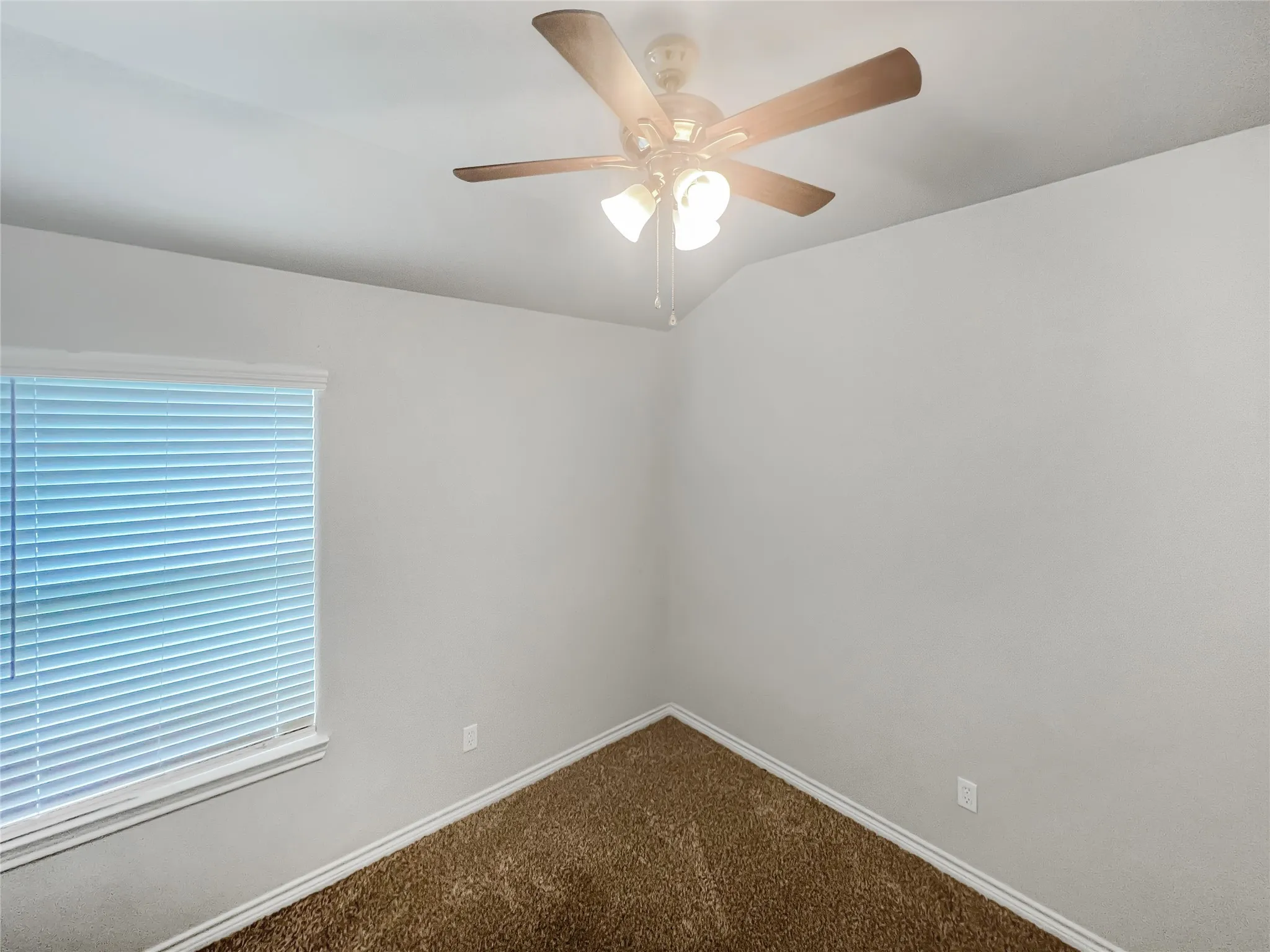 Interior room featuring a ceiling fan with integrated lighting, a window with horizontal blinds, and textured wall-to-wall carpeting