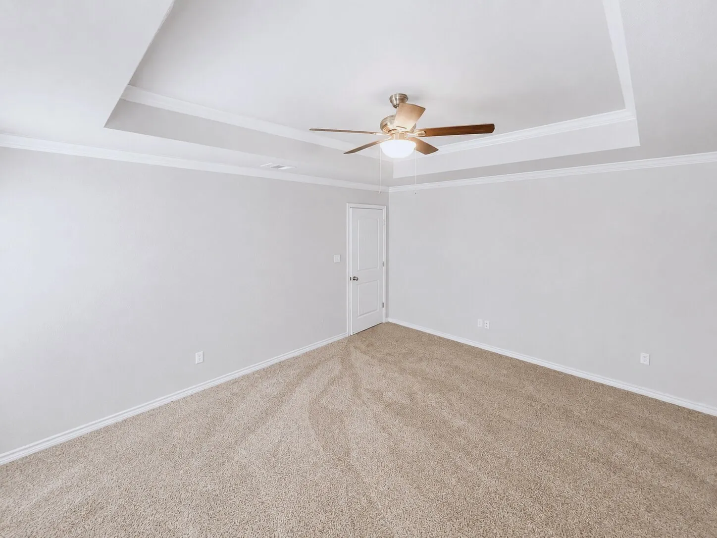 Spacious room featuring a tray ceiling with crown molding, a ceiling fan with light fixture, light gray wall paint, and neutral tone carpeting