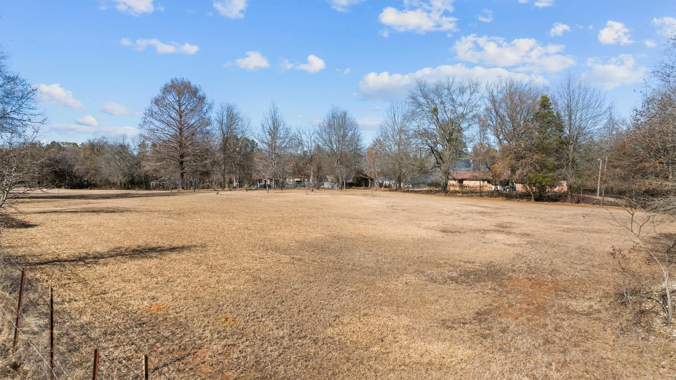 Expansive open field with natural perimeter trees, offering a large cleared space