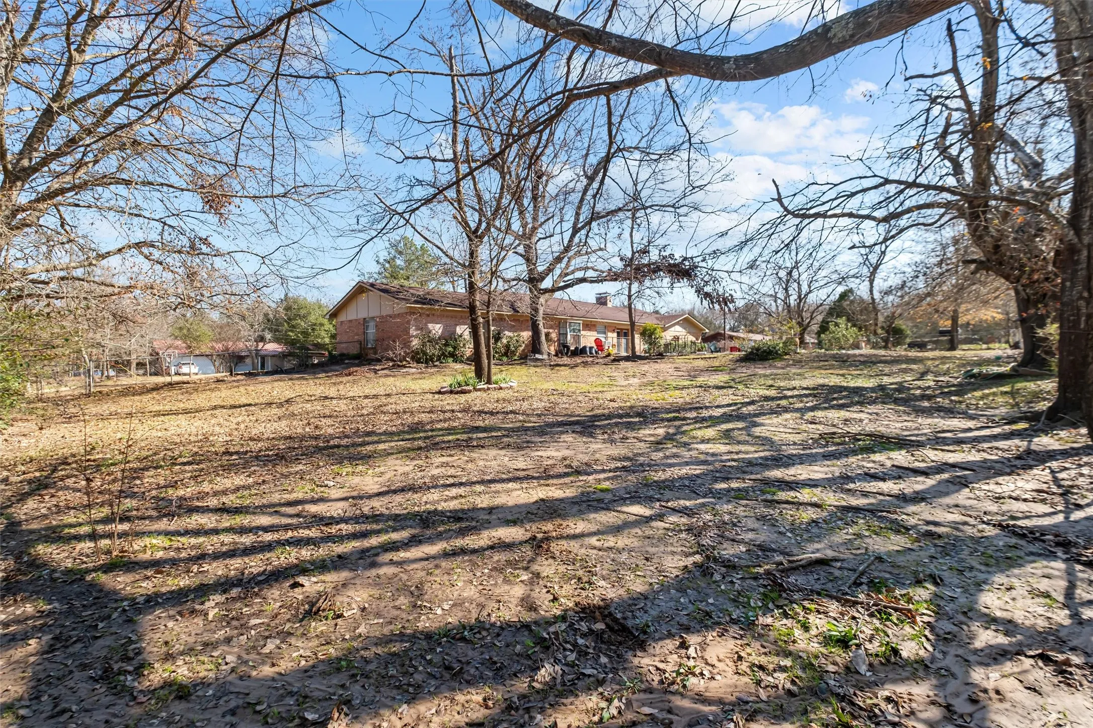 Spacious rear yard with mature trees