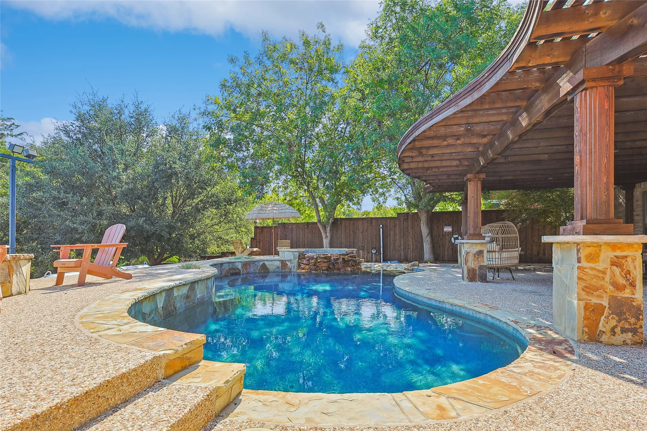 View of swimming pool with a fenced in pool, fence, and a patio