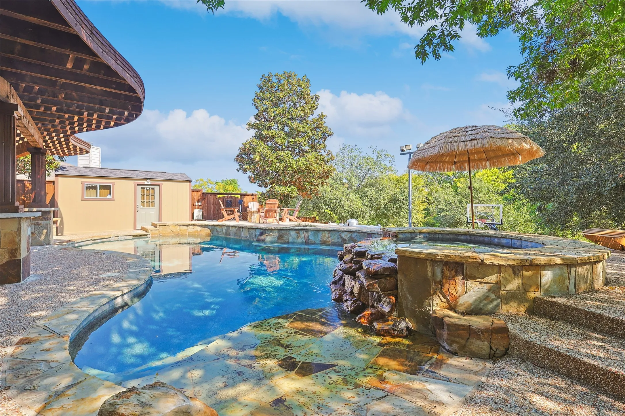 Pool with fence and an outdoor structure