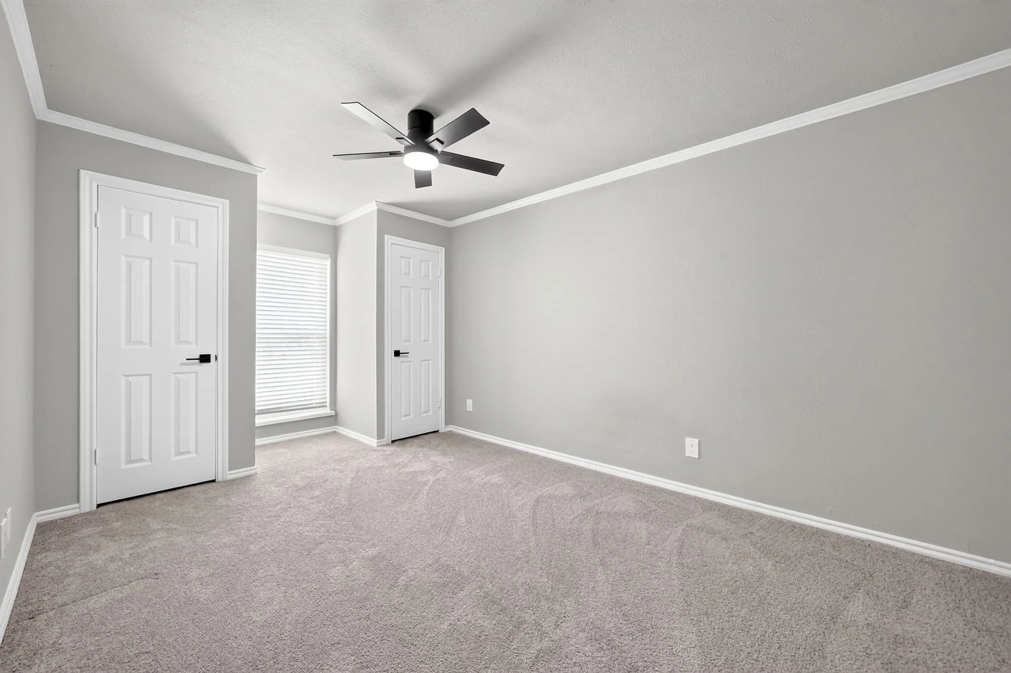 Room featuring neutral gray walls, light gray carpeting, and white trim