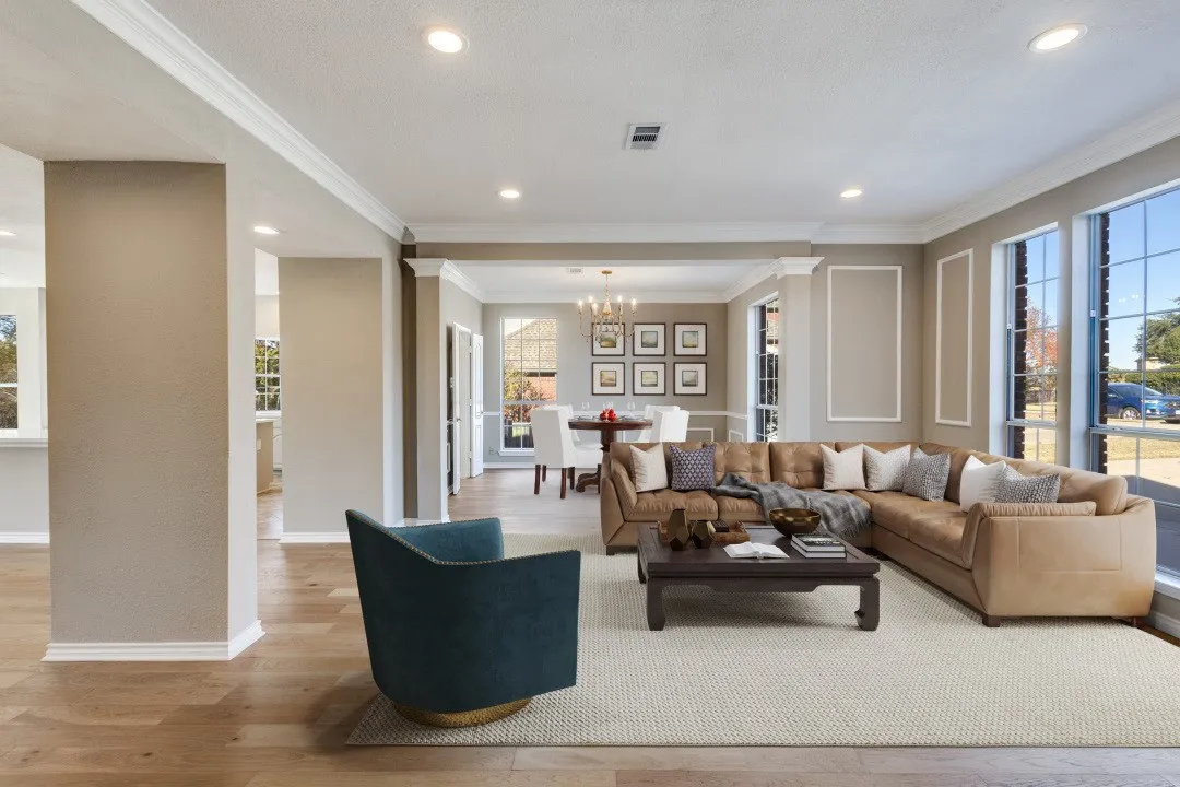 Living room and Dining room.   Virtually staged